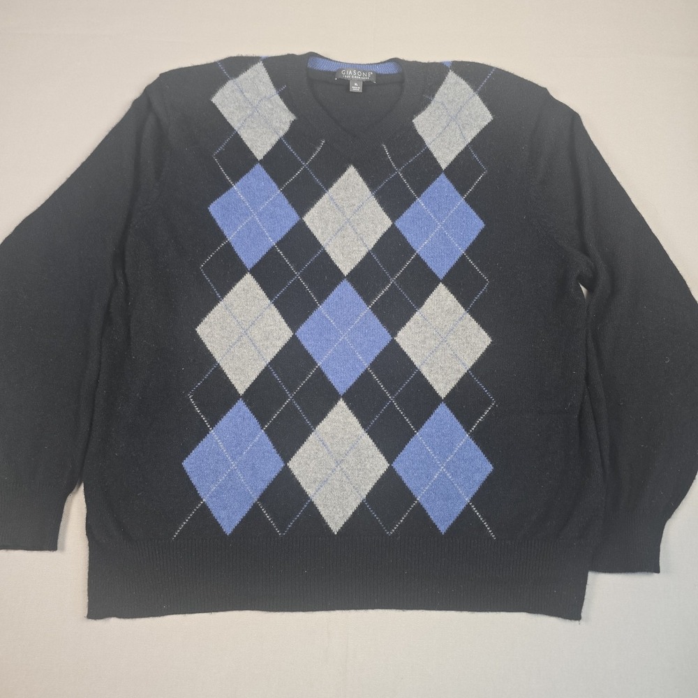 Giasone Cashmere Knit Argyle Crew Neck Pullover Sweater Black Gray Blue Men's XL